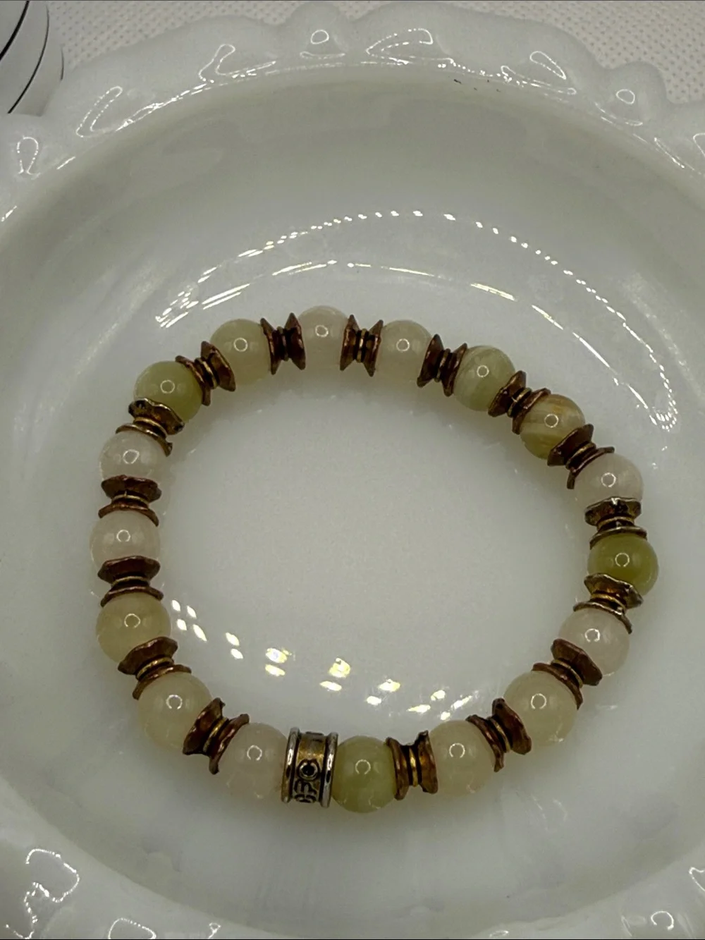 CFC signed Green and Cream Beaded Stretch gemstone bracelet neutral green beige